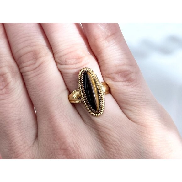 Tiger's Eye Oval Vermeil Overlay 925 Sterling Silver Vintage Ring - sz 6.75 - Picture 9 of 12